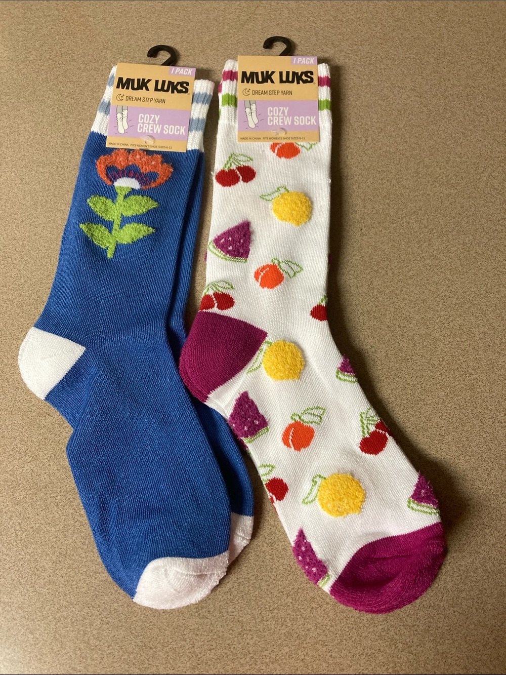 Muk Luks Two-Pack Cozy Crew Socks - Blue Floral & White Fruit